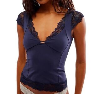 Free People Navy Lace-Trim “Better Not Cami”